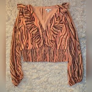 Bar III Peach and Brown Patterned Ruffle Blouse